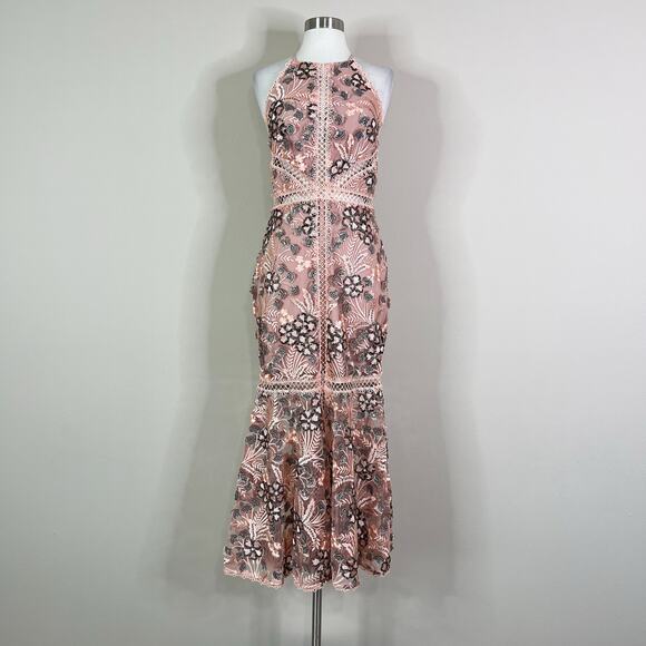 NBD | Revolve Felicity Pink Embroidered Floral Mermaid Halter Cocktail Dress M - Picture 2 of 12
